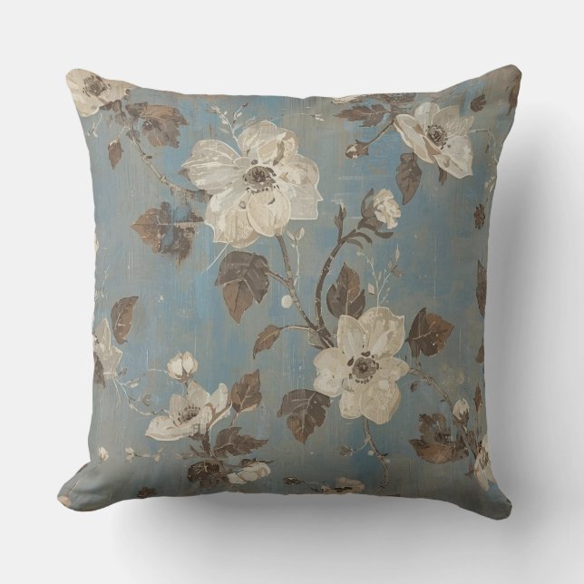 Rustikaler Hellblauer Kakao-Brauner Blumenprint Kissen (Vorderseite)