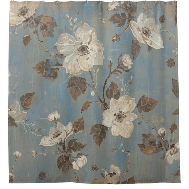 Rustikaler Hellblauer Schokoladenbrauner Blumenpri Duschvorhang (Vorderseite)