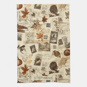 Rustikaler Herbst-Ephemerenkollage Warm Earthy Geschirrtuch