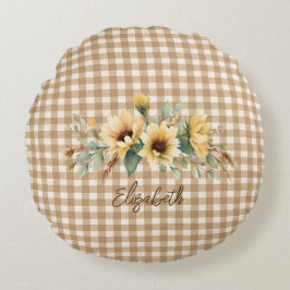 Rustikaler Herbst Sonnenblumen Gingham Personalisi Rundes Kissen