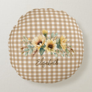 Rustikaler Herbst Sonnenblumen Gingham Personalisi Rundes Kissen