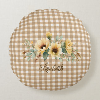 Rustikaler Herbst Sonnenblumen Gingham Personalisi Rundes Kissen