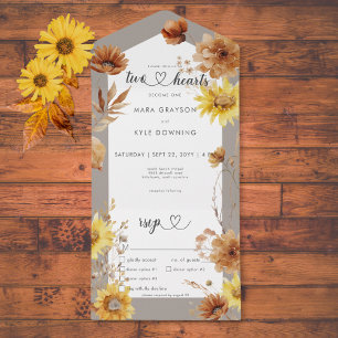 Rustikaler Herbst Sonnenblumen Taupe & Weißes Aben All In One Einladung