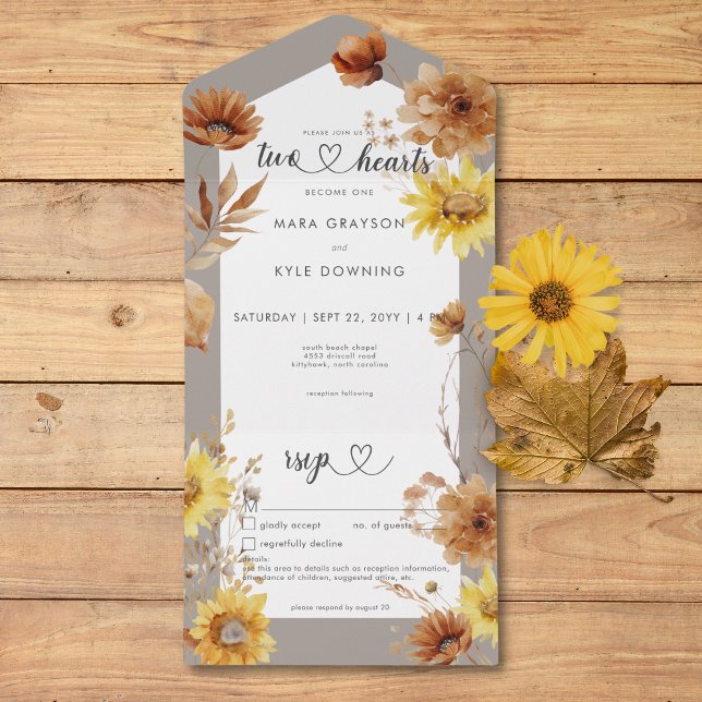 Rustikaler Herbst Sonnenblumen Taupe & White Detai All In One Einladung (Rustic Autumn Sunflower Taupe & White Details All In One Invitation)