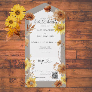 Rustikaler Herbst Sonnenblumen Taupe & White QR Co All In One Einladung