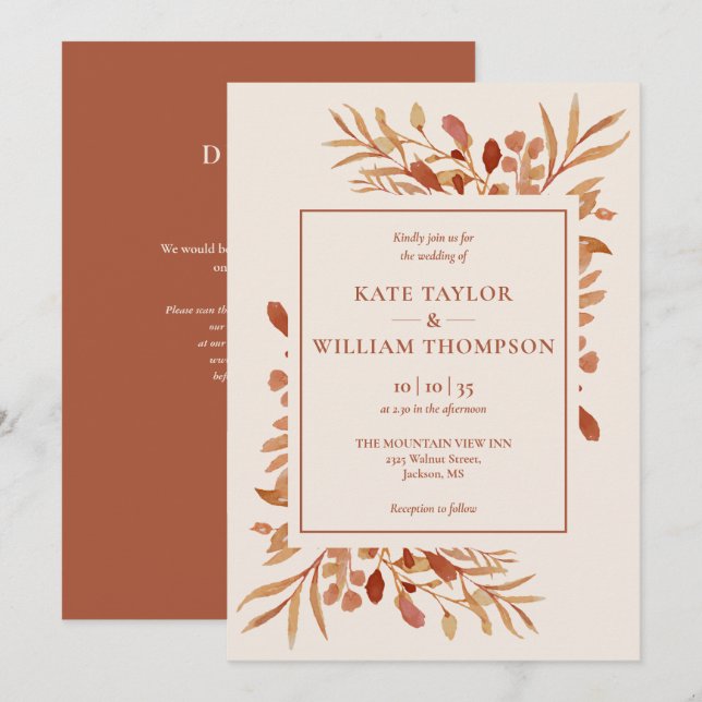 Rustikaler Herbst Terracotta QR Hochzeit Einladung (Vorne/Hinten)