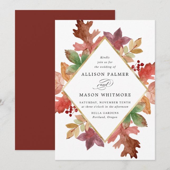 Rustikaler Herbst verlässt Hochzeit im Herbst Einladung (Vorne/Hinten)