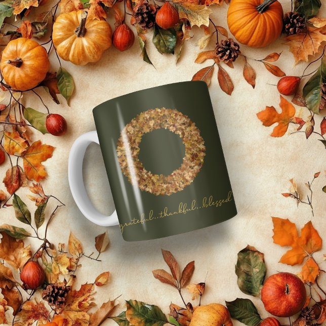 Rustikaler Herbstkranz dankbar dankbar, gesegnet Kaffeetasse (Rustic Autumn Wreath Thankful Grateful Blessed Coffee Mug)