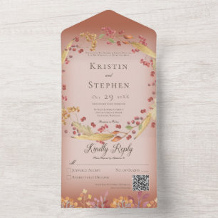 Rustikaler Herbstleaf & Berry Wreath Rust QR Code All In One Einladung