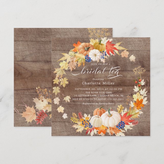 Rustikaler Herbstleaves Pumpkins Bridal Tee Einladung (Vorne/Hinten)