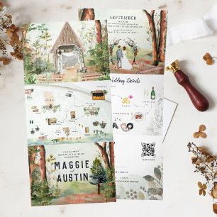 Rustikaler Herbstwald   Boho-Hochzeit Dreifach Gefaltete Einladung