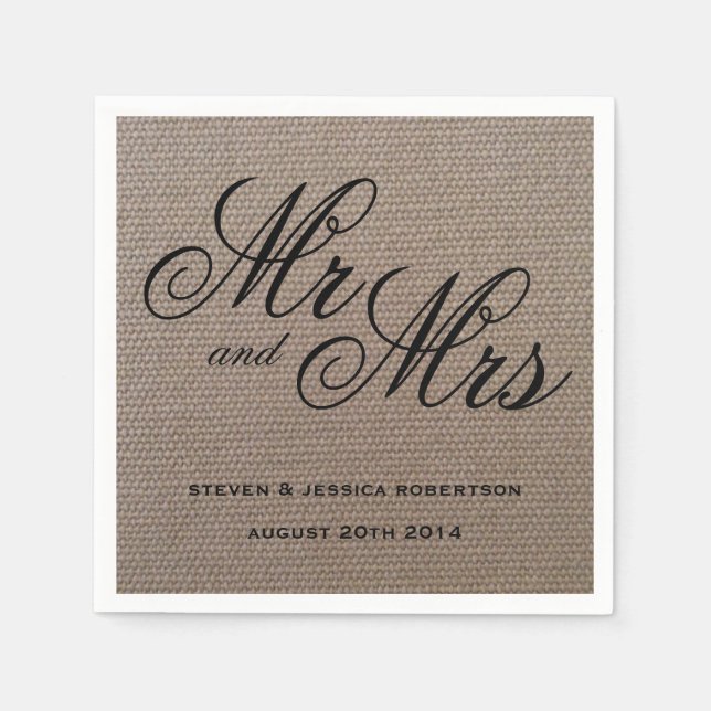 Rustikaler Herr und Frau Burlap Hochzeitsnapkins Serviette (Vorderseite)
