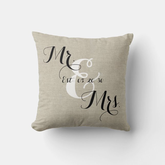 Rustikaler Herr und Frau Linen Custom Wedding Kissen (Vorderseite)