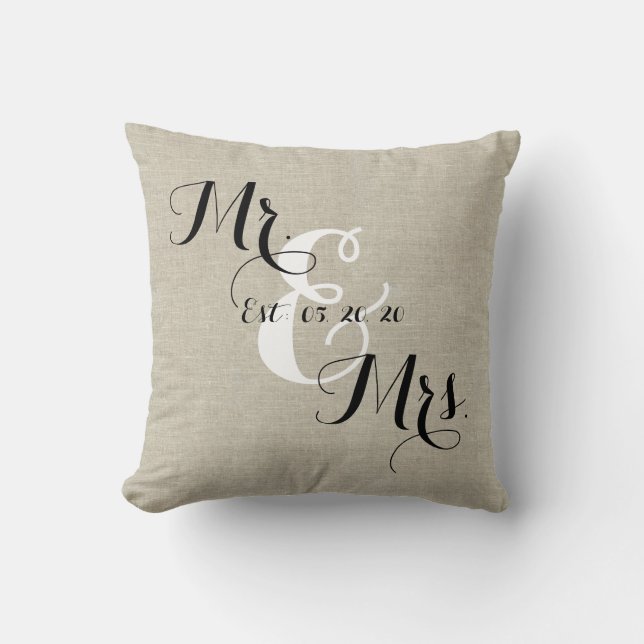 Rustikaler Herr und Frau Linen Custom Wedding Pill Kissen (Vorderseite)