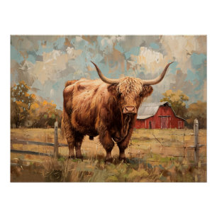 Rustikaler Highland-Kuh- und Scheunen-Decoupage Poster