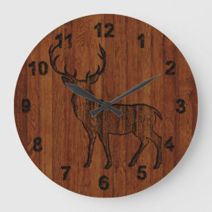 Rustikaler Hirsch, in Holz geschnitzt Große Wanduhr