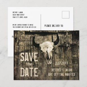 Rustikaler Hochzeitskull-Western Save the Date Ankündigungspostkarte