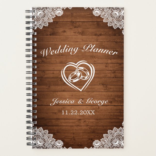Rustikaler Hochzeitsplaner für Holz und weiße Spit Planer (Vorderseite)