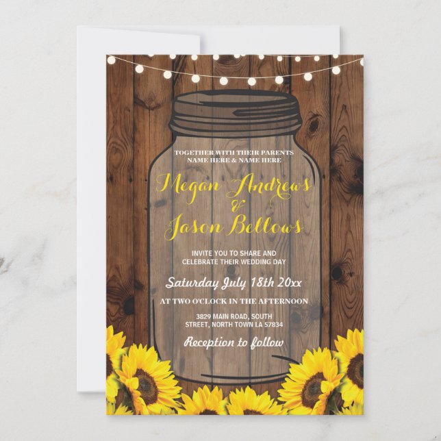 Rustikaler Hochzeitstag Jar Wood Sonnenblumen Einl Einladung (Vorderseite)