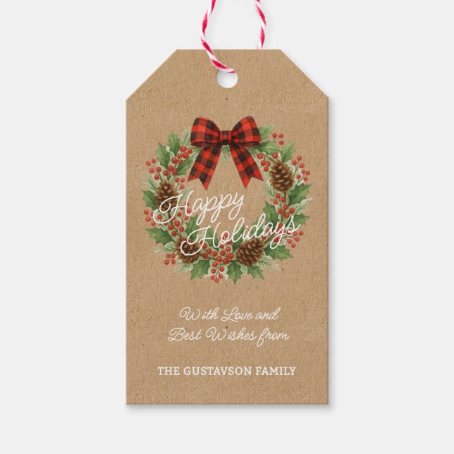 Rustikaler Holly Wreath Red Black Checkered Bow Geschenkanhänger (Vorderseite)