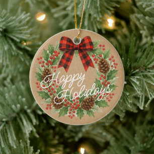 Rustikaler Holly Wreath Red Black Checkered Bow Keramik Ornament