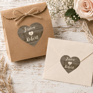 Rustikaler Holz-Herz-Hochzeit personalisiert Herz-Aufkleber