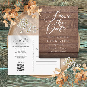Rustikaler Holz-QR-Code-Script Save-the-Date Postkarte