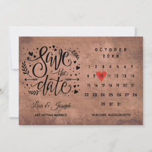 Rustikaler Holz Save-the-Date-Kalender Red Heart Einladung
