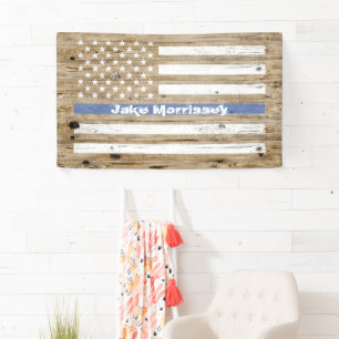 Rustikaler Holzaufdruck Dünne blaue Linie USA-Flag Banner