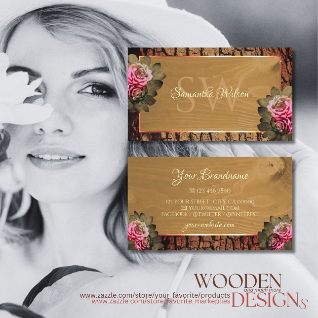 Rustikaler Holzbaum Rinde Blütenrosen Monogramm Visitenkarte (Von Creator hochgeladen)