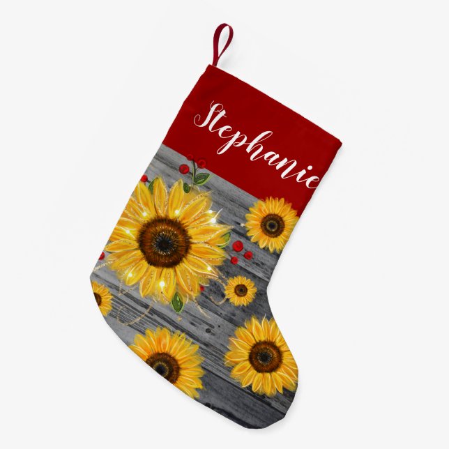 Rustikaler hölzerner Goldsonnenblume-Name Kleiner Weihnachtsstrumpf (Vorderansicht (hängend))