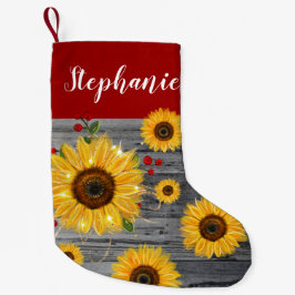 Rustikaler hölzerner Goldsonnenblume-Name Kleiner Weihnachtsstrumpf