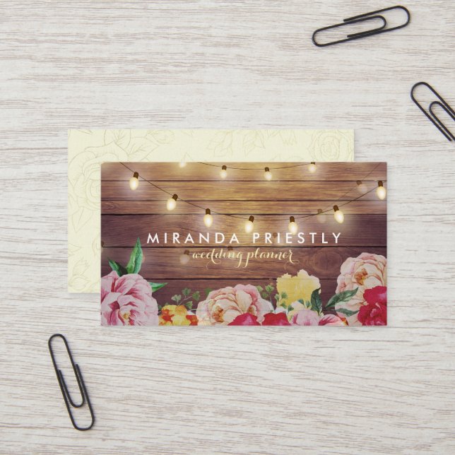 Rustikaler Holzflorenleuchter Hochzeitsplaner Visitenkarte (Vorderseite/Rückseite Beispiel)