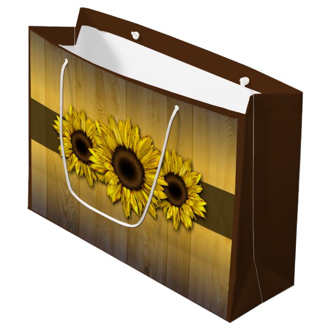 Rustikaler Holzgelber Sonnenblumenbeutel Große Geschenktüte (Vorderseite Schrägansicht)