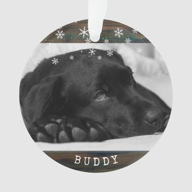 Rustikaler Holzhund Foto Schneeflocken Keepake Ornament (Vorderseite)