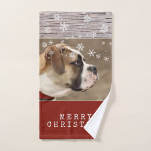 Rustikaler Holzhund Foto Schneeflocken Weihnachten Handtuch