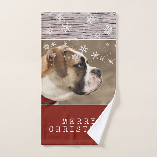 Rustikaler Holzhund Foto Schneeflocken Weihnachten Handtuch (Handtuch)