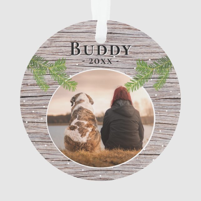 Rustikaler Holzhund Haustier 2 Foto Weihnachten Ornament (Rückseite)