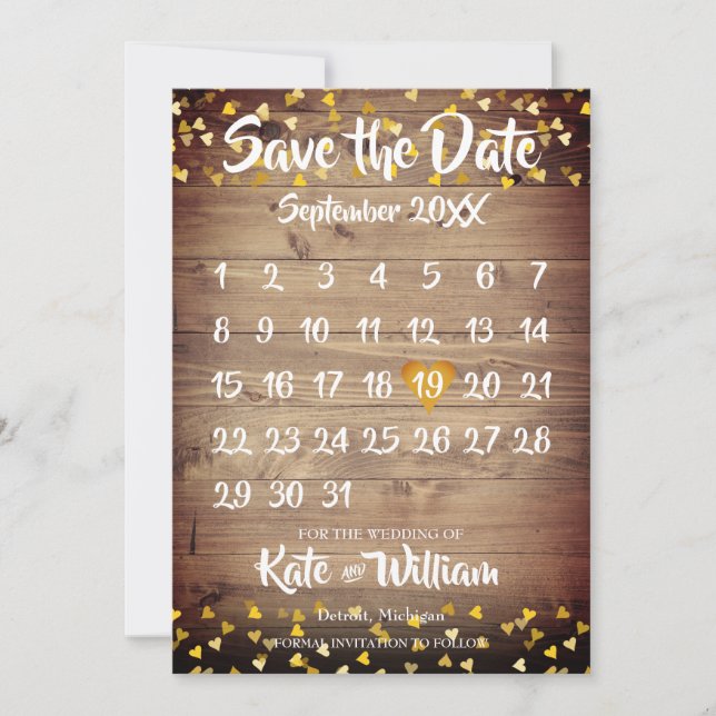 Rustikaler Holzkalender Gold Liebe Herz Save The Date (Vorderseite)