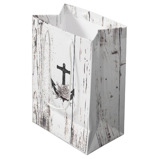 Rustikaler Holzküstenstrand Anker Vintage Blütenwe Mittlere Geschenktüte (Vorderseite Schrägansicht)