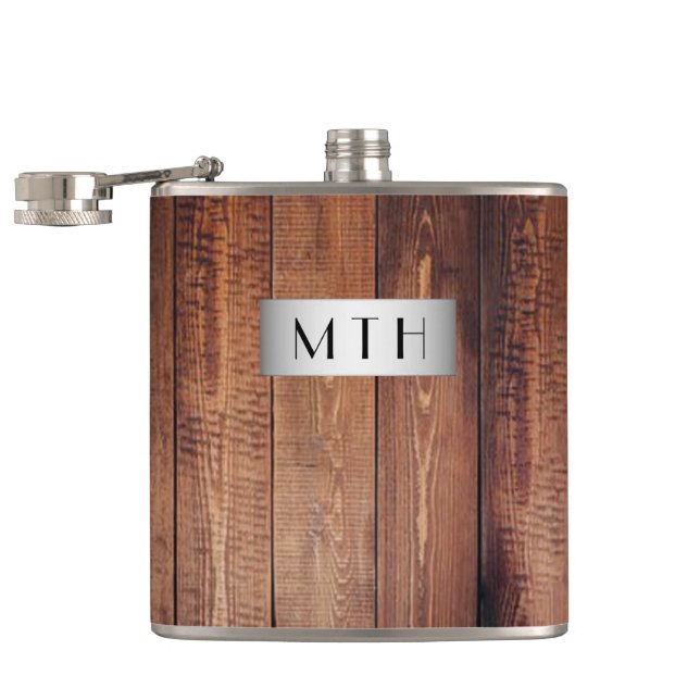 Rustikaler Holzmonogramm-Hüftkolben Flachmann (Geöffnet)