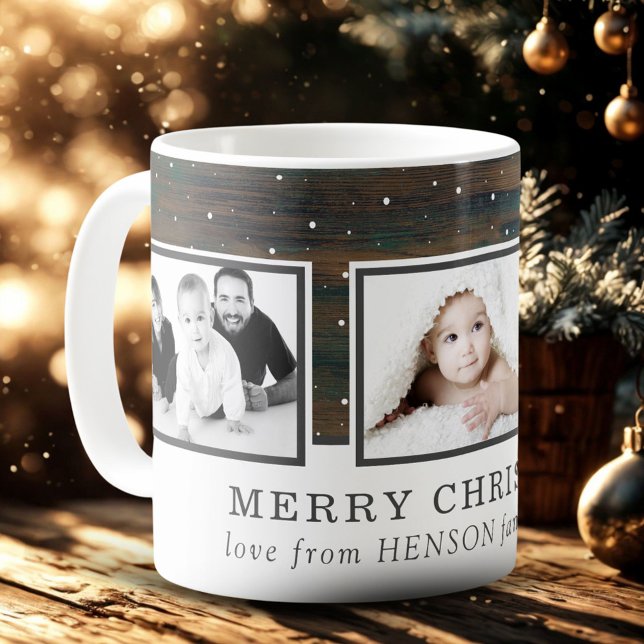Rustikaler Holzschnee Frohe Weihnachtsfamilie Foto Kaffeetasse (Von Creator hochgeladen)