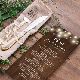 Rustikaler Holzstring Lights Blumenmason Jar Menükarte