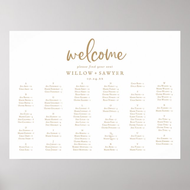 Rustikaler, horizontaler alphabetischer Sitzplan Poster (Vorne)