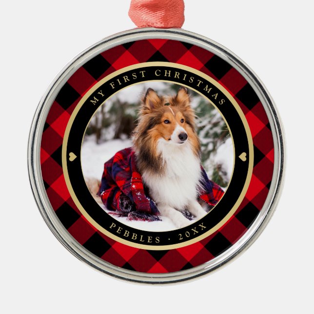 Rustikaler Hund Erste Weihnachtszeit Red Buffalo K Ornament Aus Metall (Vorne)