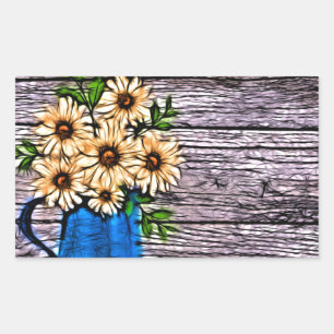 Rustikaler Impressionismus blaue Vase gelbe Daisy Rechteckiger Aufkleber