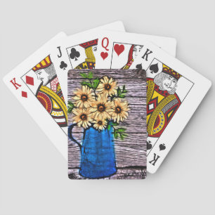 Rustikaler Impressionismus blaue Vase gelbe Daisy Spielkarten
