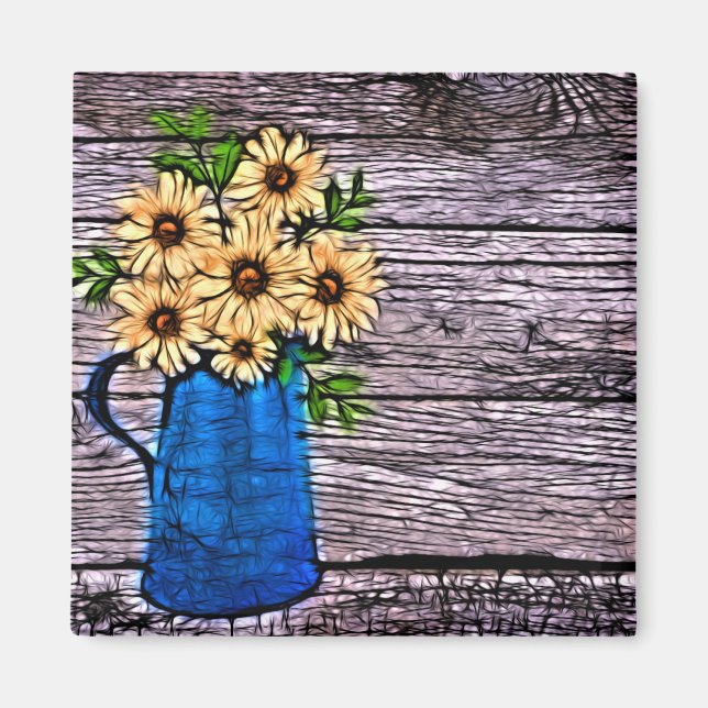 Rustikaler Impressionismus Blauer Vase Sommerdaisi Magnet (Vorne)