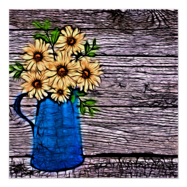 Rustikaler Impressionismus Blauer Vase Sommerdaisi Poster (Vorderseite)