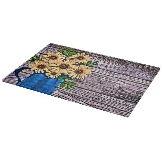 Rustikaler Impressionismus Blauer Vase Sommerdaisi Schneidebrett (Ecke)